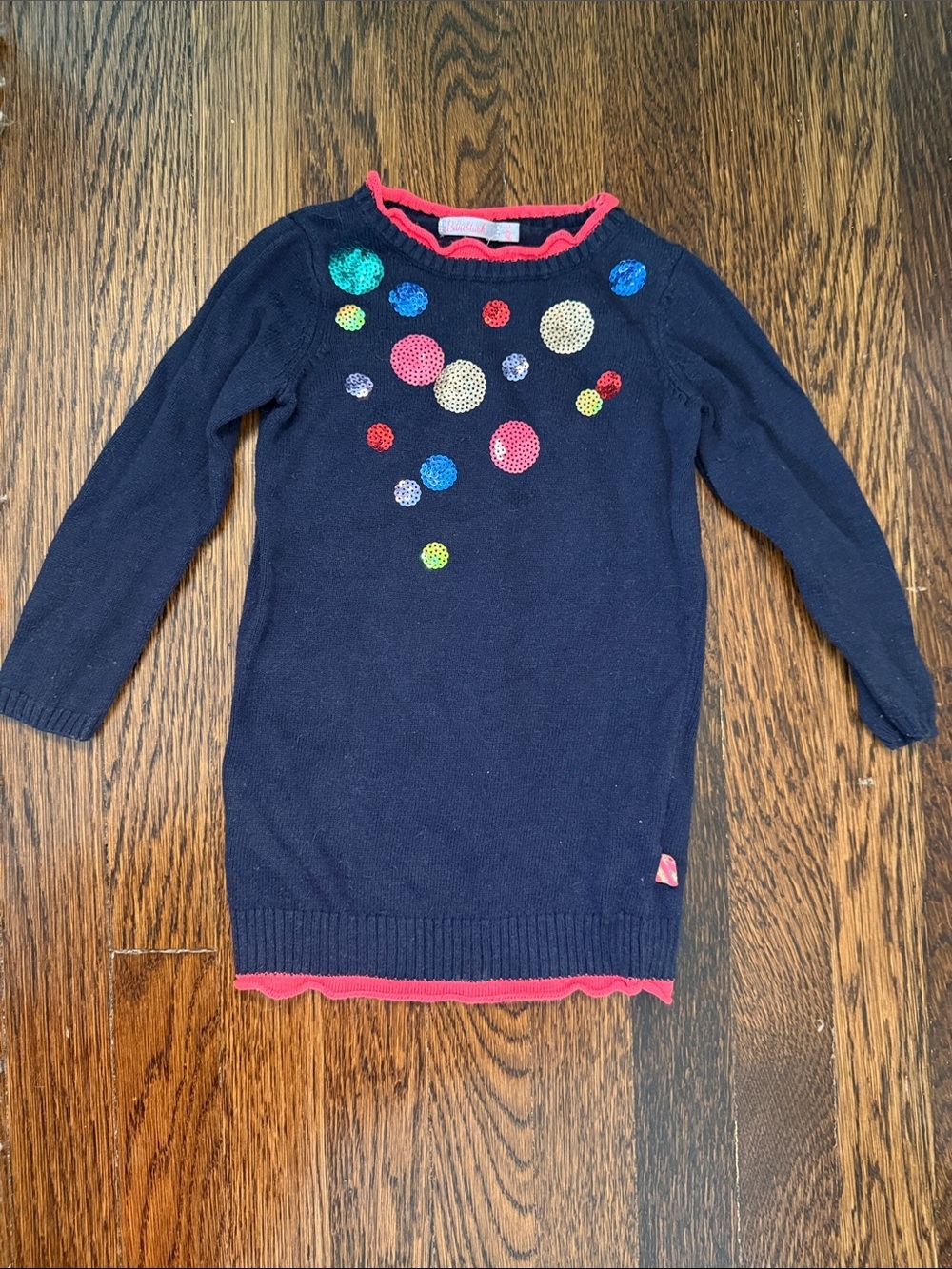Billieblush Navy Sweater Dress with Pink Trim and Multicolor Sequin Dots